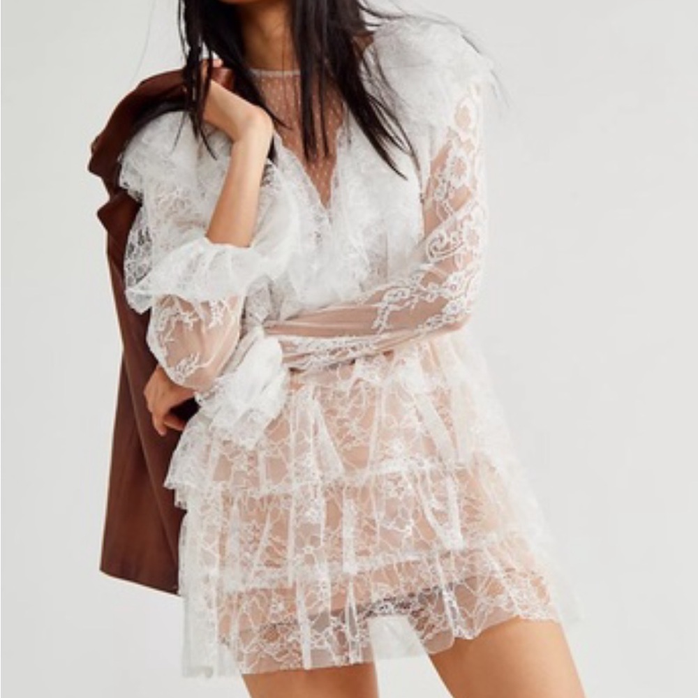 Bronx & Banco x Free People Rebecca 6 / Sm White Allover Lace Mini Bridal Dress
